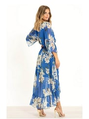 Yumi Blue Floral Kimono Sleeves Dip Hem Wrap Midi Dress - Image 2 of 5