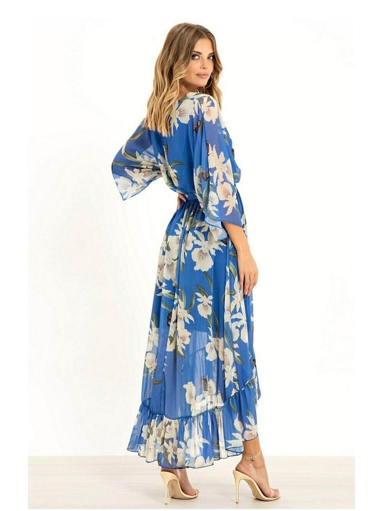 Yumi Blue Floral Kimono Sleeves Dip Hem Wrap Midi Dress - Image 2 of 5