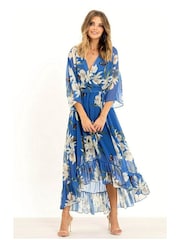 Yumi Blue Floral Kimono Sleeves Dip Hem Wrap Midi Dress - Image 3 of 5