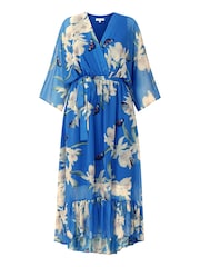 Yumi Blue Floral Kimono Sleeves Dip Hem Wrap Midi Dress - Image 5 of 5