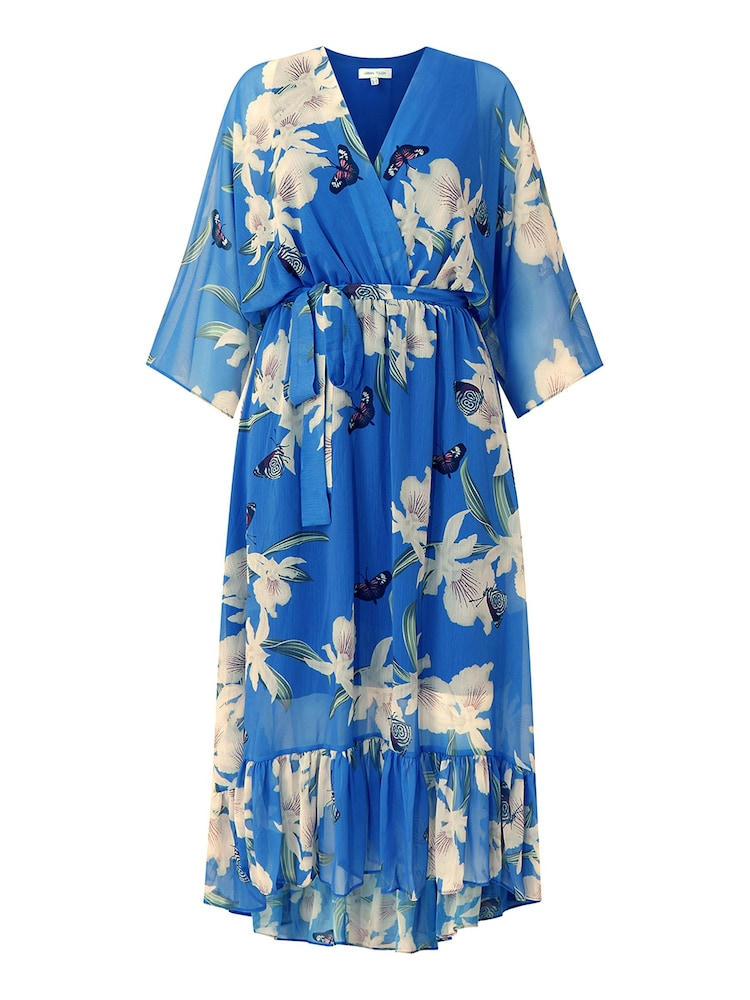 Yumi Blue Floral Kimono Sleeves Dip Hem Wrap Midi Dress - Image 5 of 5