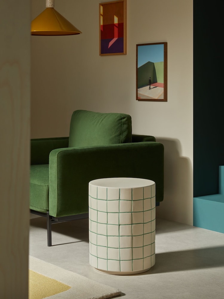 MADE.COM White Green Check Logan Indoor/Outdoor Side Table - Image 1 of 4