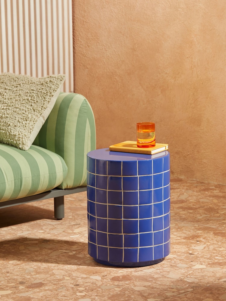 MADE.COM Blue White Check Logan Indoor/Outdoor Side Table - Image 1 of 5