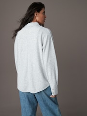 Grey Smart Collar Button Through Longline Knitted Shirt with Wool - Image 3 of 7