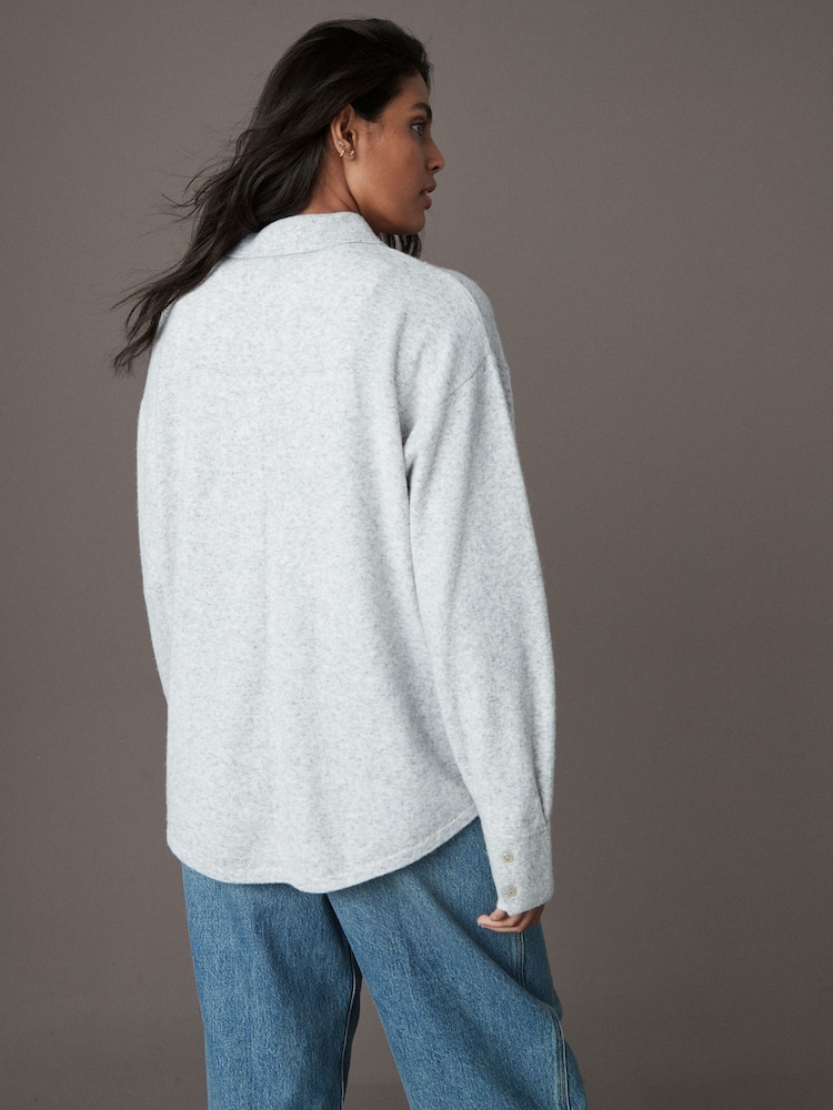 Grey Smart Collar Button Through Longline Knitted Shirt with Wool - Image 3 of 7