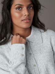 Grey Smart Collar Button Through Longline Knitted Shirt with Wool - Image 4 of 7