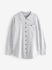 Grey Smart Collar Button Through Longline Knitted Shirt with Wool - Image 5 of 7