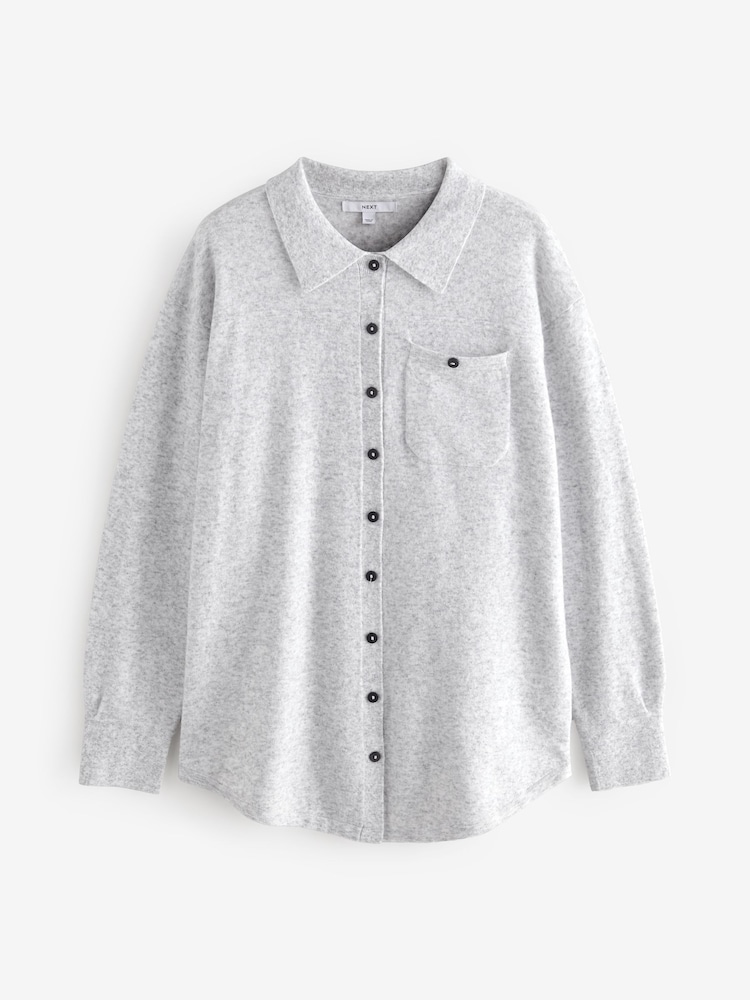 Grey Smart Collar Button Through Longline Knitted Shirt with Wool - Image 5 of 7