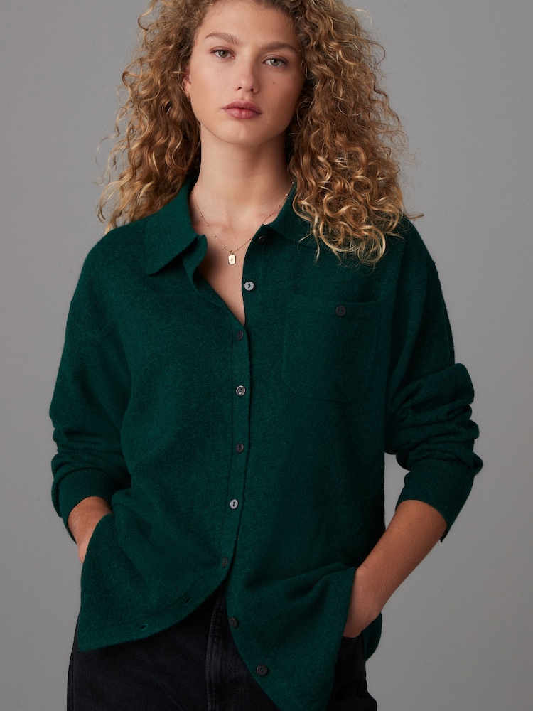 Green Smart Collar Button Through Longline Knitted Shirt with Wool - Image 1 of 7