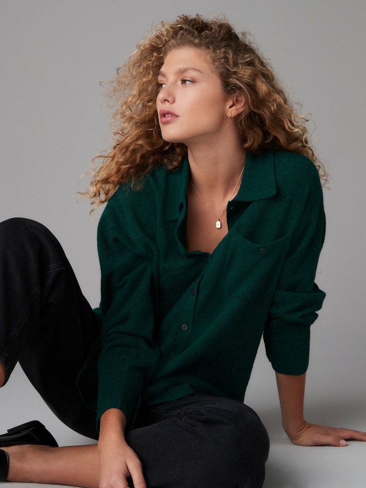 Green Smart Collar Button Through Longline Knitted Shirt with Wool - Image 2 of 7