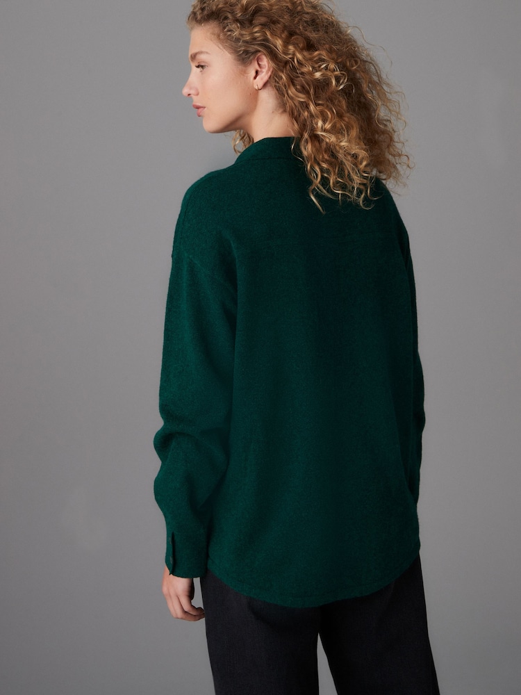 Green Smart Collar Button Through Longline Knitted Shirt with Wool - Image 3 of 7