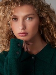 Green Smart Collar Button Through Longline Knitted Shirt with Wool - Image 4 of 7