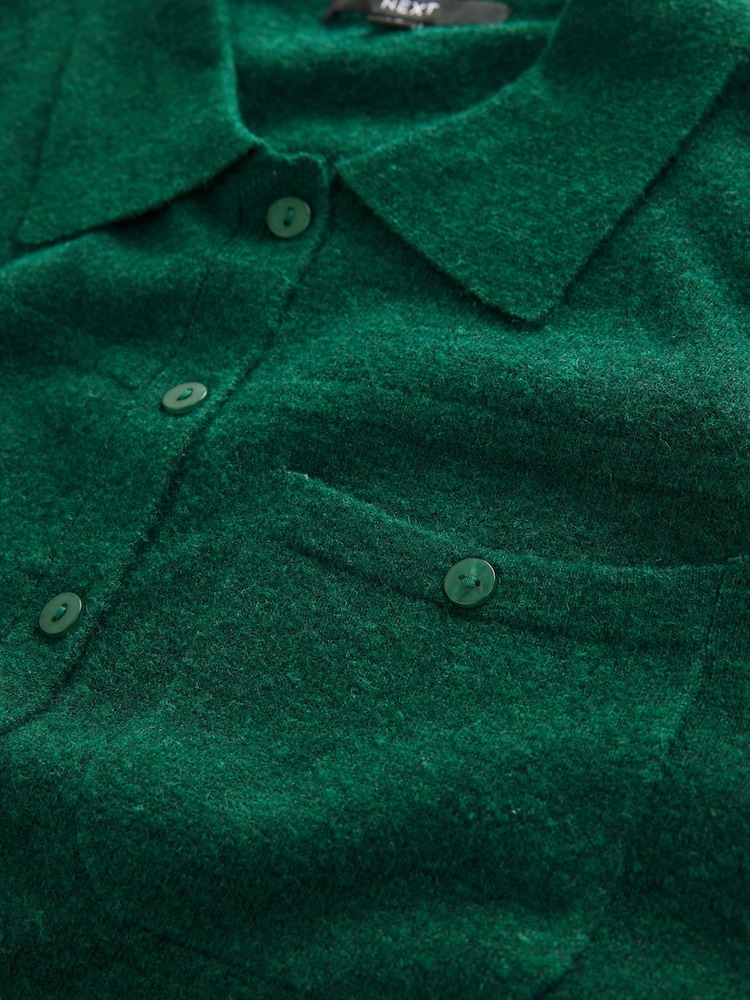 Green Smart Collar Button Through Longline Knitted Shirt with Wool - Image 6 of 7