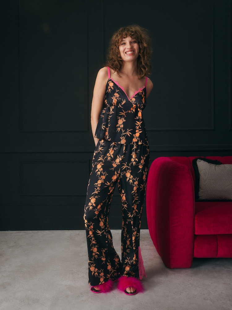 Rockett St George Black Satin Orange Floral Cami Pyjamas - Image 2 of 10