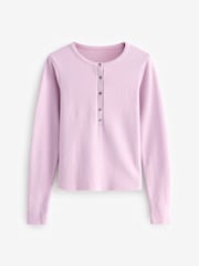 Mauve Purple Pink Cosy Soft Touch Rib Button Neck Henley Jumper Top - Image 1 of 3