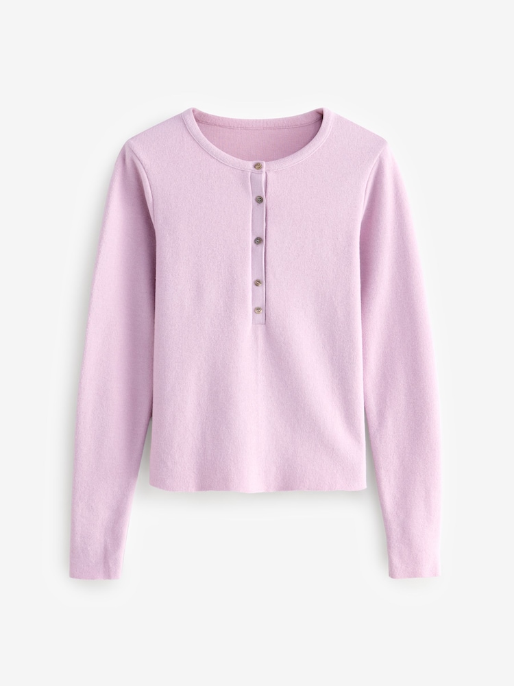 Mauve Purple Pink Cosy Soft Touch Rib Button Neck Henley Jumper Top - Image 1 of 3