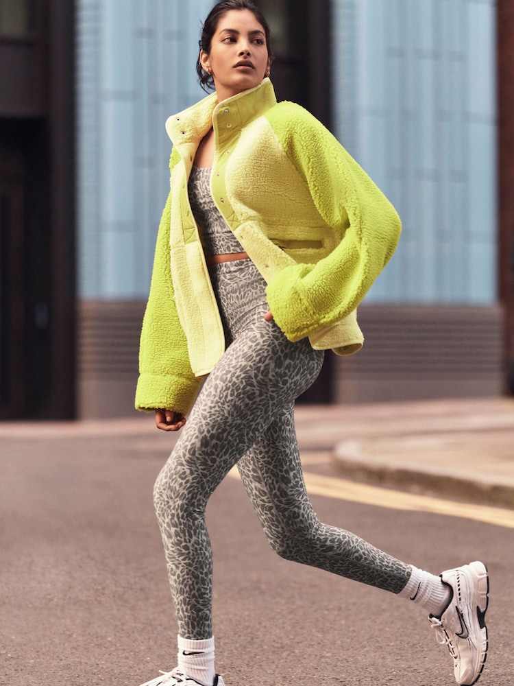 Lime Green Woven Mix Teddy Borg Fleece Popper Front Jacket - Image 2 of 5
