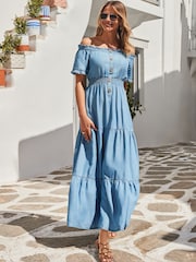 Sosandar Blue Denim Shirred Waist Bardot Fit & Flare Maxi Dress - Image 1 of 5