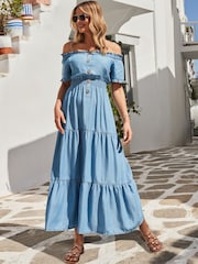 Sosandar Blue Denim Shirred Waist Bardot Fit & Flare Maxi Dress - Image 2 of 5