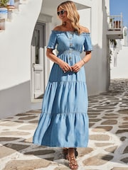 Sosandar Blue Denim Shirred Waist Bardot Fit & Flare Maxi Dress - Image 3 of 5