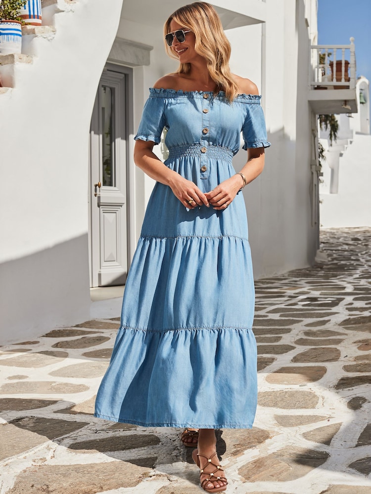 Sosandar Blue Denim Shirred Waist Bardot Fit & Flare Maxi Dress - Image 3 of 5