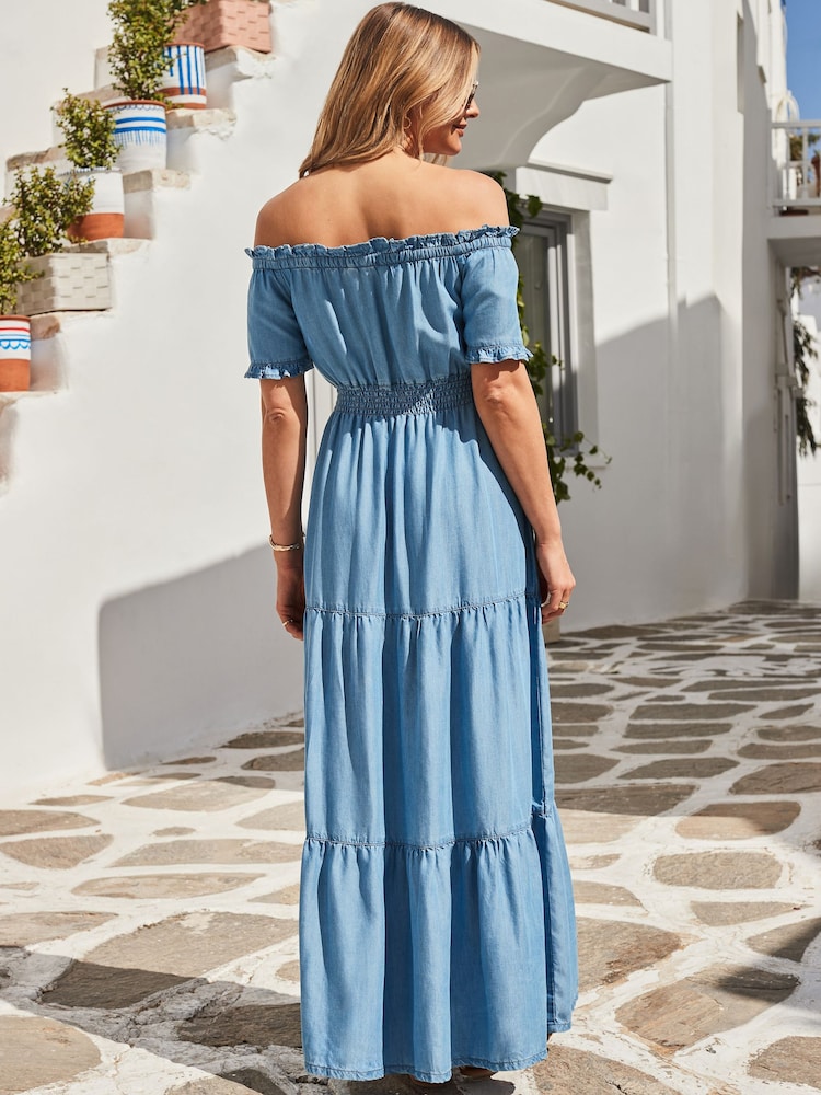 Sosandar Blue Denim Shirred Waist Bardot Fit & Flare Maxi Dress - Image 4 of 5