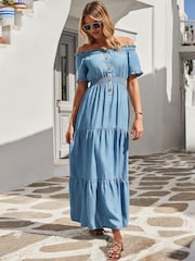 Sosandar Blue Denim Shirred Waist Bardot Fit & Flare Maxi Dress - Image 5 of 5