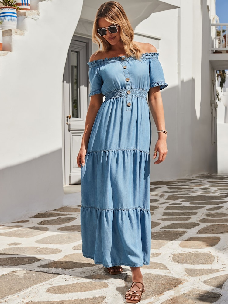 Sosandar Blue Denim Shirred Waist Bardot Fit & Flare Maxi Dress - Image 5 of 5
