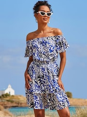 Sosandar Blue Animal Print Frill Detail Bardot Crinkle Dress - Image 1 of 5