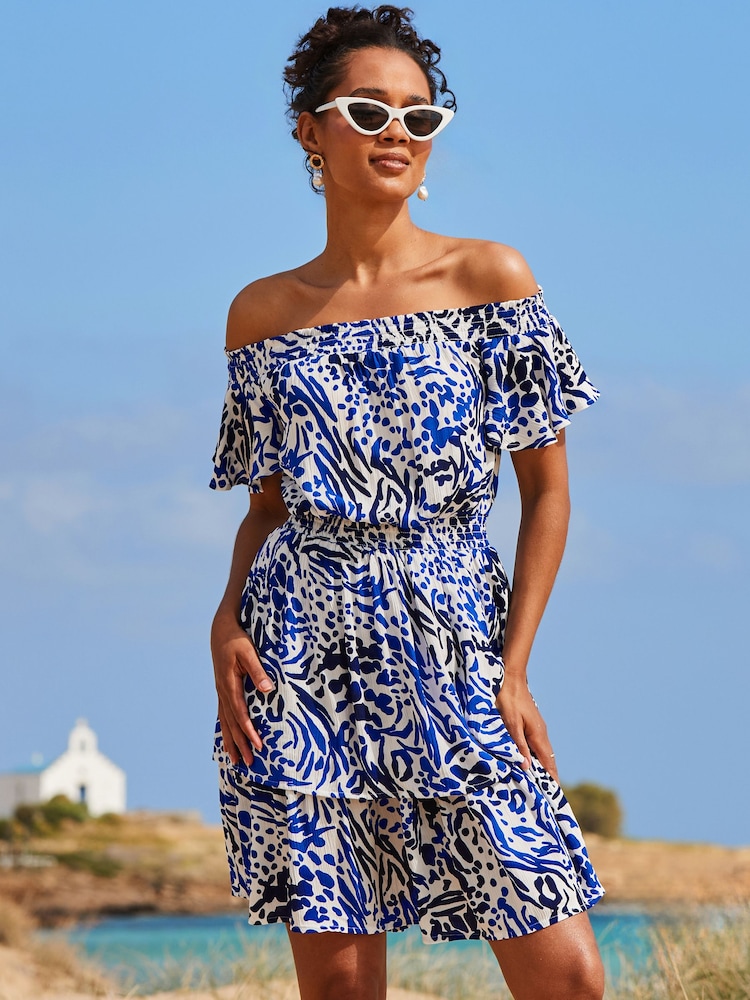 Sosandar Blue Animal Print Frill Detail Bardot Crinkle Dress - Image 1 of 5