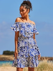 Sosandar Blue Animal Print Frill Detail Bardot Crinkle Dress - Image 2 of 5
