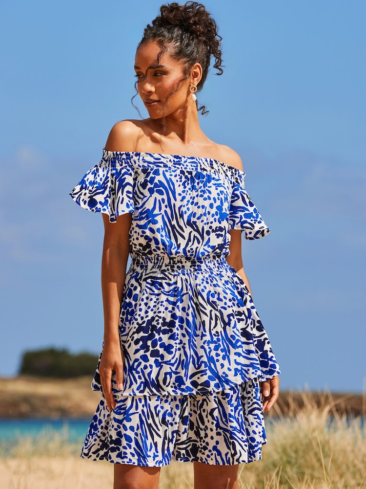 Sosandar Blue Animal Print Frill Detail Bardot Crinkle Dress - Image 2 of 5