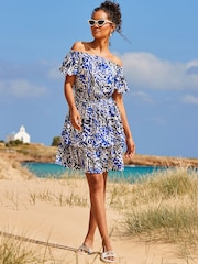 Sosandar Blue Animal Print Frill Detail Bardot Crinkle Dress - Image 3 of 5