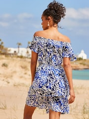 Sosandar Blue Animal Print Frill Detail Bardot Crinkle Dress - Image 4 of 5