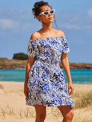 Sosandar Blue Animal Print Frill Detail Bardot Crinkle Dress - Image 5 of 5