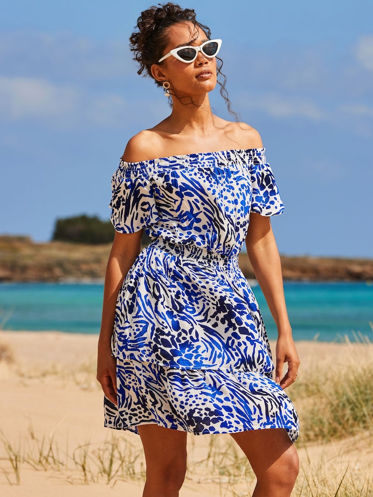 Sosandar Blue Animal Print Frill Detail Bardot Crinkle Dress - Image 5 of 5