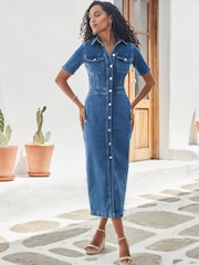 Sosandar Blue Short Sleeve Button Front Denim Midaxi Dress - Image 1 of 5
