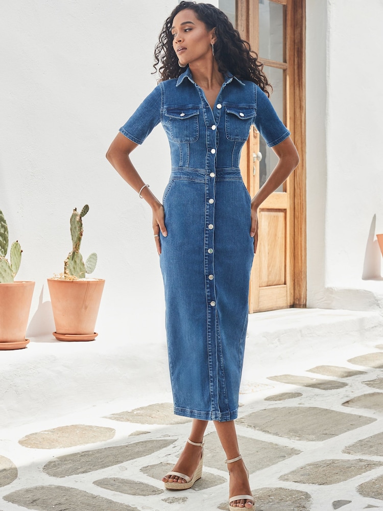 Sosandar Blue Short Sleeve Button Front Denim Midaxi Dress - Image 1 of 5