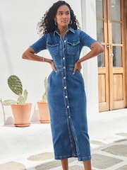 Sosandar Blue Short Sleeve Button Front Denim Midaxi Dress - Image 2 of 5