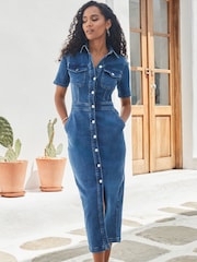 Sosandar Blue Short Sleeve Button Front Denim Midaxi Dress - Image 4 of 5