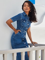 Sosandar Blue Short Sleeve Button Front Denim Midaxi Dress - Image 5 of 5