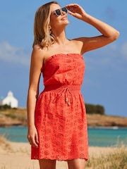 Sosandar Pink Broderie Shirred Waist Bandeau 100% Cotton Dress - Image 1 of 5