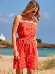 Sosandar Pink Broderie Shirred Waist Bandeau 100% Cotton Dress - Image 4 of 5