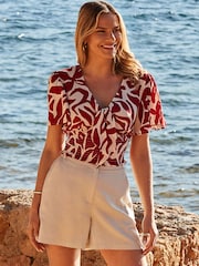 Sosandar Red Floral Print Tie Front Crinkle Top - Image 1 of 5