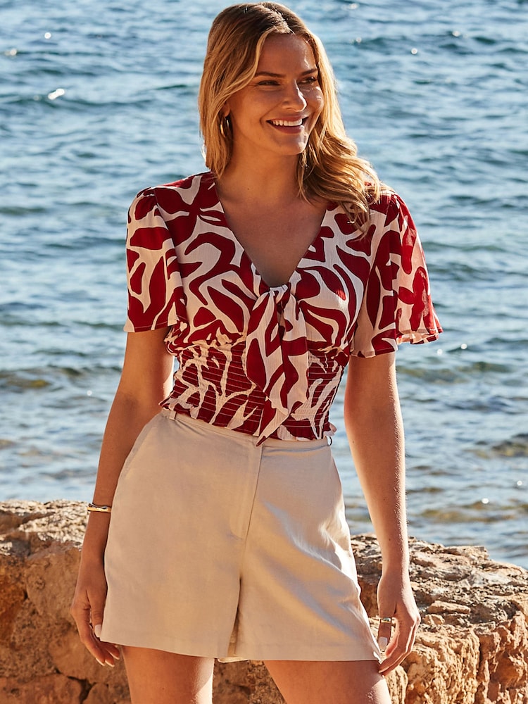 Sosandar Red Floral Print Tie Front Crinkle Top - Image 1 of 5