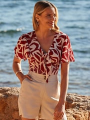 Sosandar Red Floral Print Tie Front Crinkle Top - Image 4 of 5
