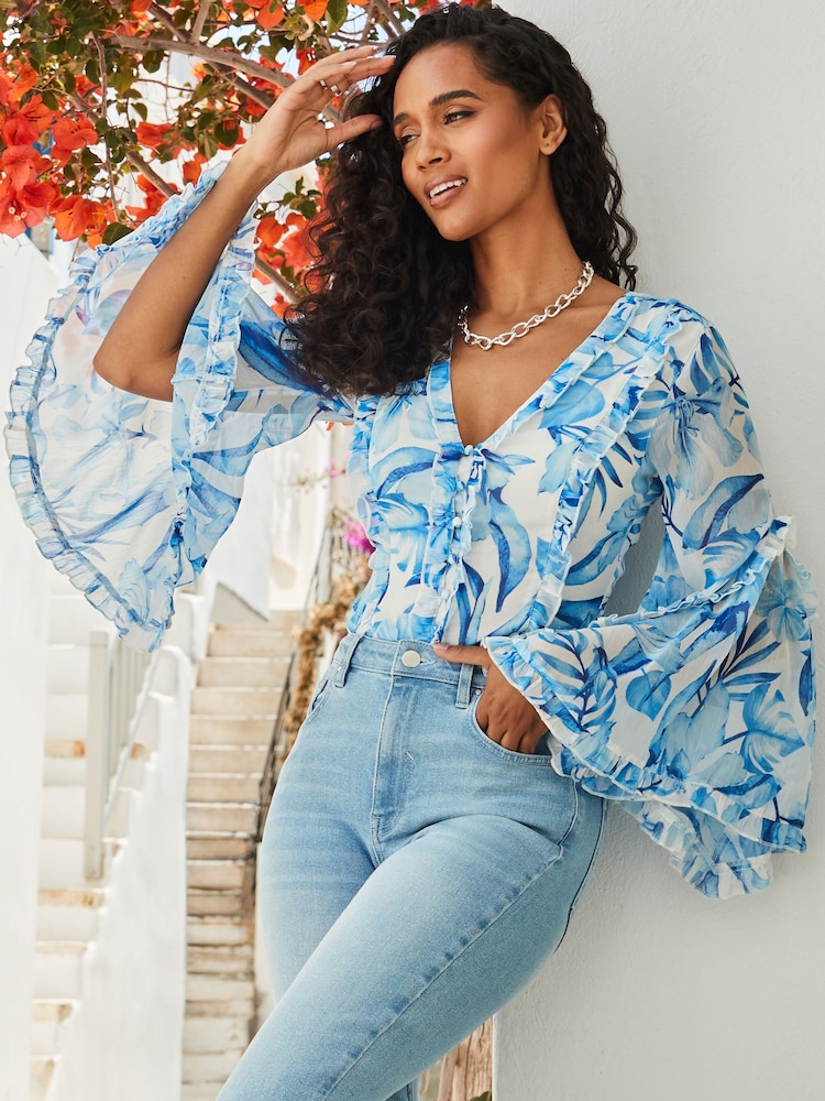 Sosandar Blue Floral Print Ruffle Detail Blouse - Image 1 of 5 Sosandar Blue Floral Print Ruffle Detail Blouse - Image 1 of 5