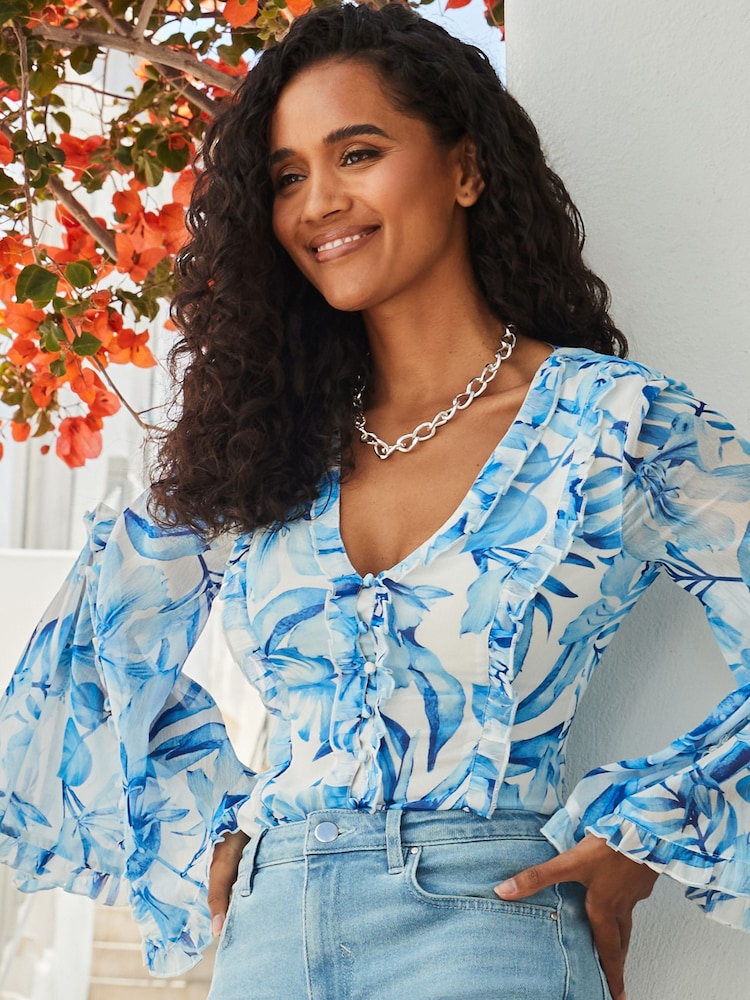Sosandar Blue Floral Print Ruffle Detail Blouse - Image 5 of 5 Sosandar Blue Floral Print Ruffle Detail Blouse - Image 5 of 5