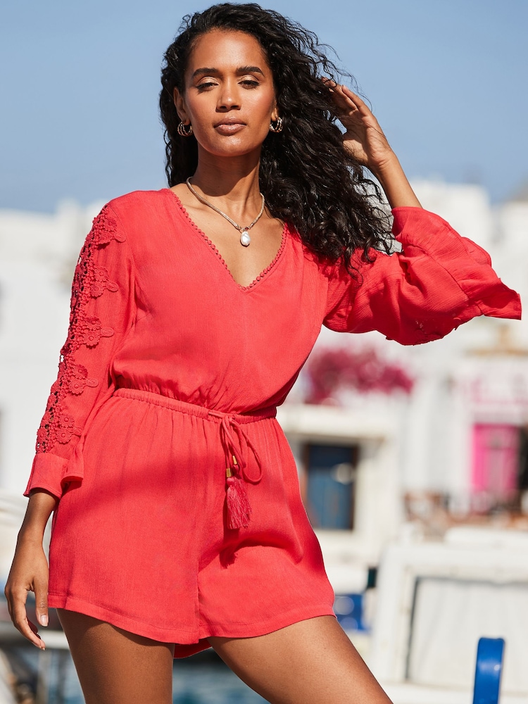 Sosandar Red Crochet Sleeve Tassel Detail Playsuit - Image 2 of 5