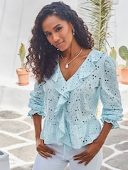 Sosandar Blue Broderie Ruffle Detail 100% Cotton Blouse - Image 1 of 5